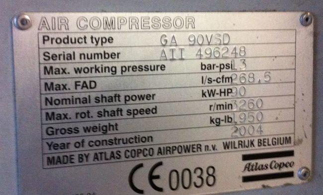 机械设备: ATLAS COPCO GA 90 VSD FF