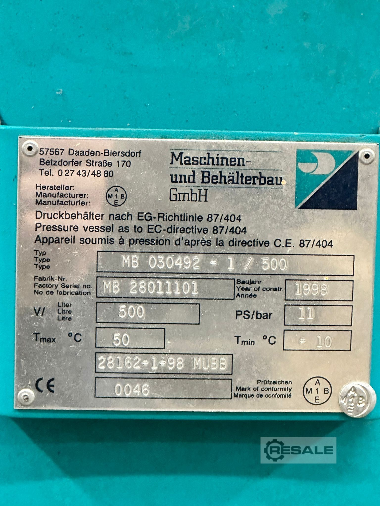 기계: MASCHINEN UND BEHäLTERBAU MB 030492 / 